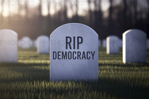 Tombstone in graveyard with text RIP Democracy. Visual metaphor for the decline of democratic values. Generative AI, AI generated