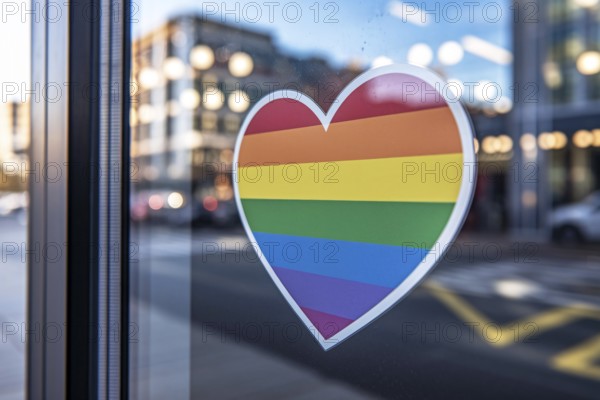 Heart shaped rainbowflag LGBT sticker in shopping window in support of pride month. Generative AI, AI generated
