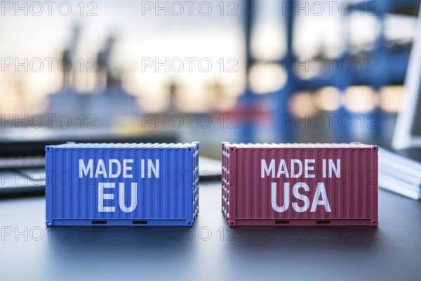 Trade war concept. Small cargo shipping containers with text Made in EU and Made in USA with blurry shipping harbor in background. Generative AI, AI generated