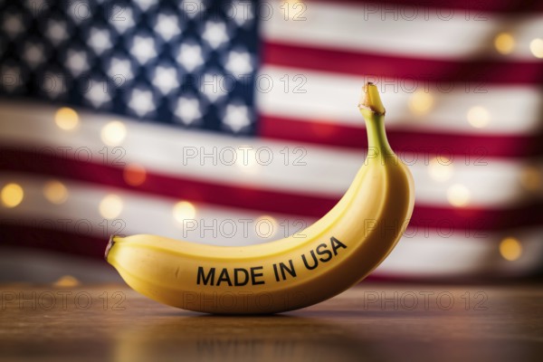 Banana labeled 'Made in USA' in front of blurred American flag. Concept of trade policy, domestic production limits, and agricultural nationalism. Generative Ai, AI generated