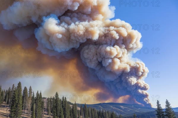 Massive forest wildfire smoke rising over mountain landscape under blue sky. Generative AI, AI generated