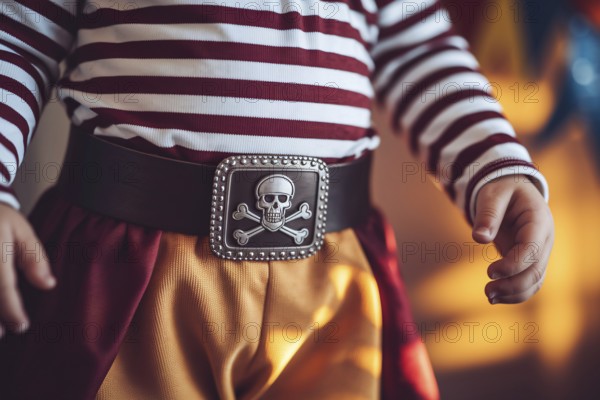 Young boy wearing pirate costume with detailed buckle for Halloween celebration. Generative AI, AI generated