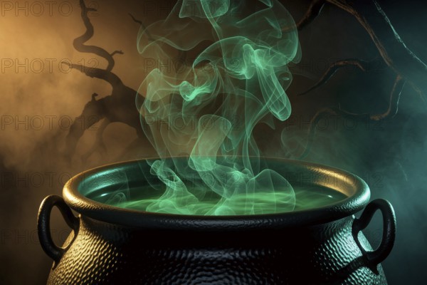 Witch cauldron with rising green smoke in eerie forest light and spooky tree silhouettes. Generative ai, AI generated