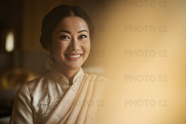 Smiling Thai woman in elegant traditional cream-colored outfit under warm golden light. Generative AI, AI generated