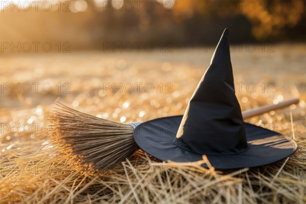 Halloween witch hat with broom on haystack. Spooky holiday decoration concept. Generative Ai, AI generated