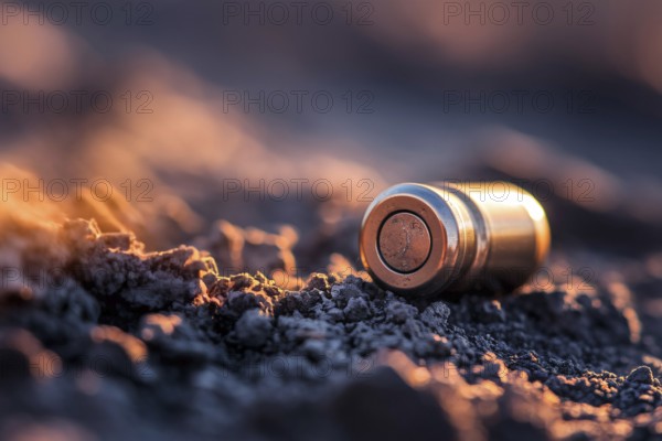 Close up of ammunition casing on ground. Spent bullet shell detail in outdoor setting. Generative ai, AI generated