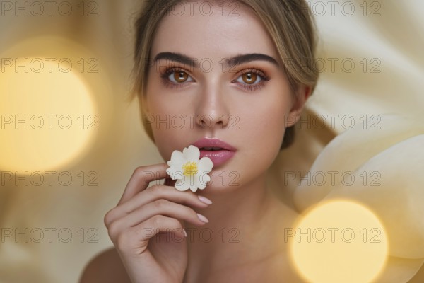 Young blond woman with flawless skin holding white blossom. Elegant beauty portrait with soft golden bokeh. Generative Ai, AI generated