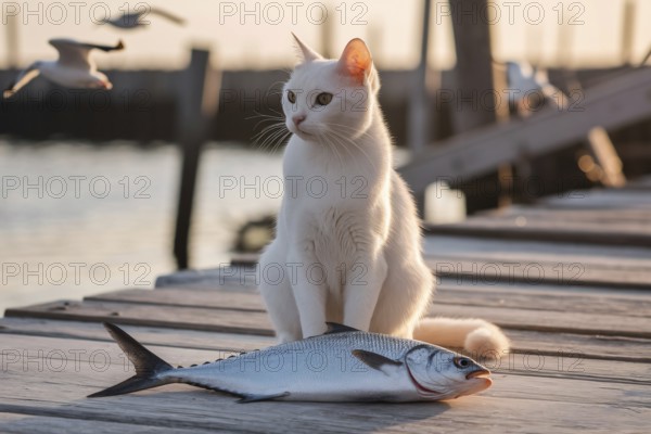 White cat sitting on wooden plank at harbour. Curious feline watching fish. Generative Ai, AI generated