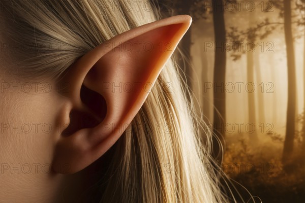 Close up of realistic elf ear. Fantasy costume detail concept. Generative Ai, AI generated
