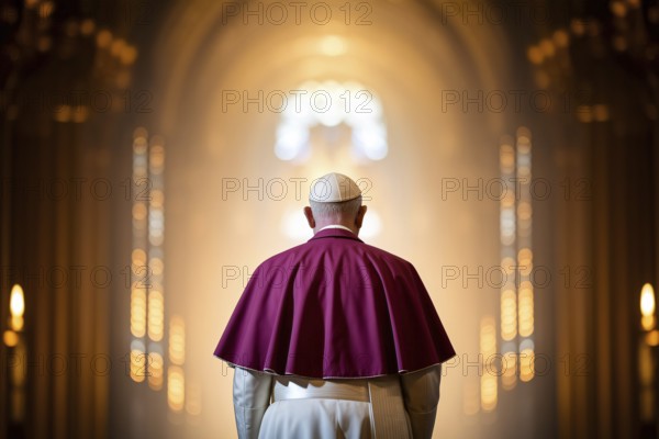 Back view of man in pope-like garments. Anonymous figure in golden catholic church interior. Generative ai, AI generated