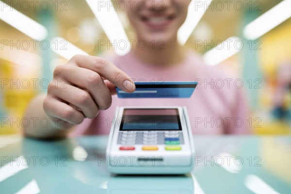 Person tapping credit or debit card on payment terminal. Contactless transaction in store. Generative Ai, AI generated