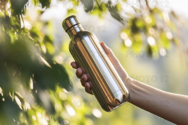 Hand holding reusable stainless steel water bottle outdoors promoting sustainable lifestyle and eco friendly choices in nature. Generative Ai, AI generated