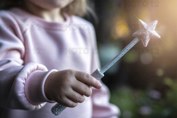 Close-up of glittering fairy wand with star tip held by young girl's hand, magical children's toy. generative ai, AI generated