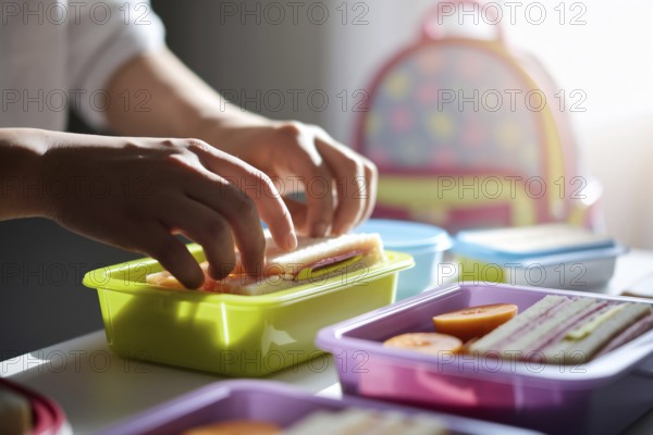 Preparing school lunchboxes: woman's hands packing fruits and sandwiches, highlighting gender roles and mental load. Generative ai, AI generated