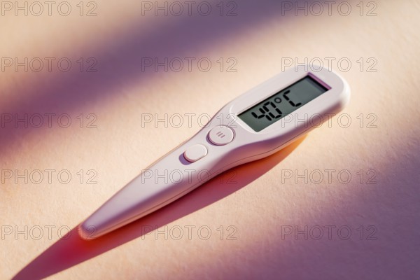 Igital thermometer displaying 40 degrees Fahrenheit, indicating high fever and health alert. Generative AI, AI generated