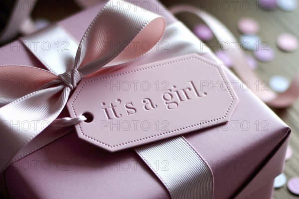 Close up of tag with text it's a girl on pink gift box, a commentary on gender roles and stereotypes. Generative Ai, AI generated
