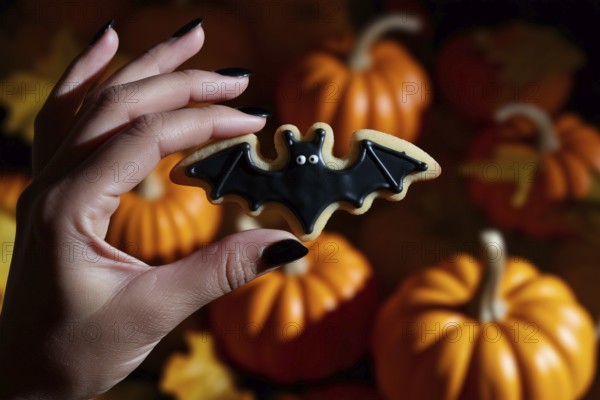 Woman's hand with black nail polish holding bat-shaped Halloween cookie with funny face and pumpkins in blurry background. Generative ai, AI generated