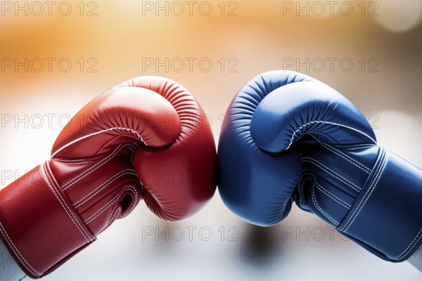 Red and blue boxing gloves facing each other, symbolizing international conflict and geopolitical tension between rival countries such as China and Taiwan. Generative AI, AI generated