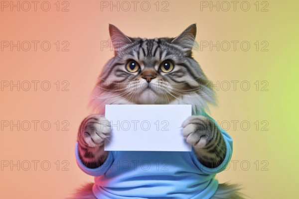 Chubby domestic cat wearing a shirt holding a blank white sign in colorful studio background for humorous or meme concept. Generative ai, AI generated