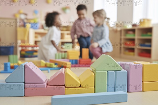 Pastel colored building bricks in sharp focus with children playing in the background, capturing the lively atmosphere of a child daycare center. Generative AI, AI generated