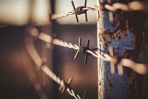Close-up of rusty barbed wire fence. Generative Ai, AI generated