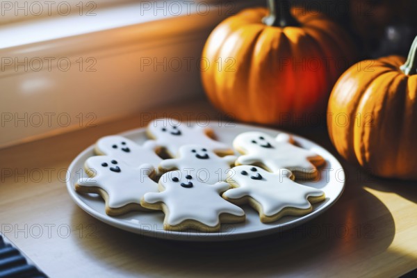 Halloween ghost cookies on plate with pumpkin in background. Generative ai, AI generated