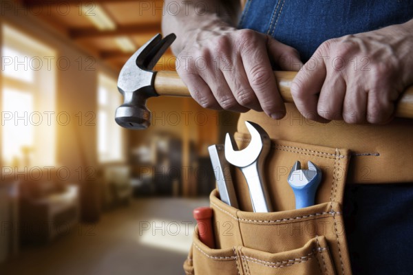 Man's tool belt loaded with working tools like wrench, holding a hammer symbolizing traditional masculine roles and gender stereotypes. Generative ai, AI generated
