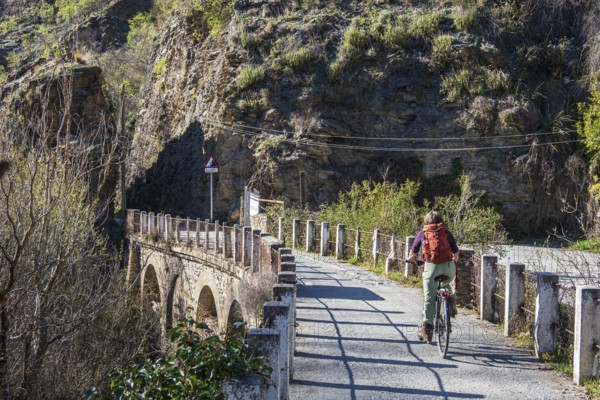 Cyclist on the Tranvía de Sierra Nevada, former railroad track, leading to the trail Vereda de la Estrella, Sierra Nevada, Andalusia, Spain