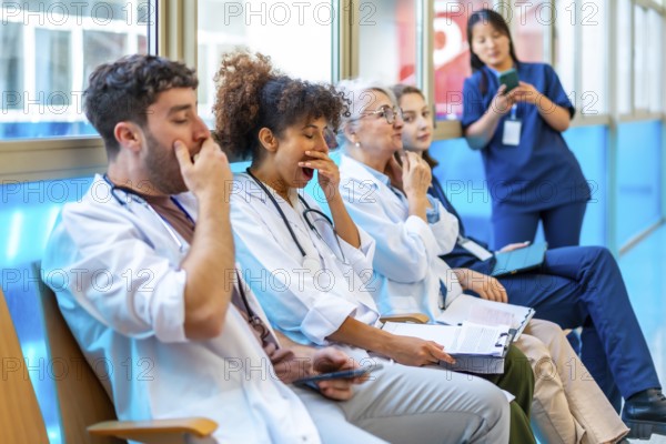 Exhausted medical professionals yawning while sitting on chairs in a hospital corridor, experiencing fatigue after a long shift