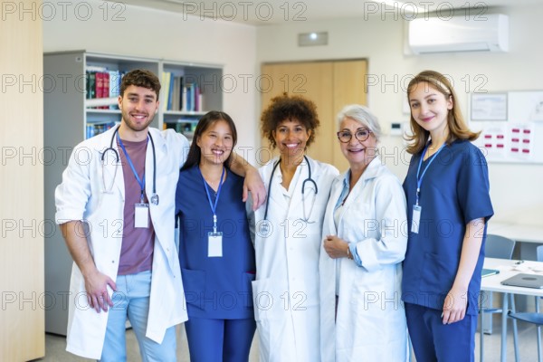 Doctors and nurses standing together in a hospital corridor, demonstrating teamwork and professionalism in healthcare