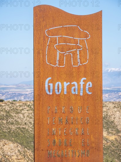 Signpost at the Gorafe megalithic park, Gorafe desert, Andalusia, Spain