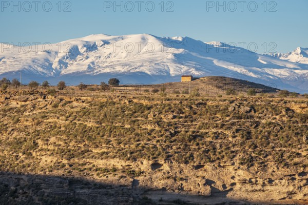 View over the slopes of the Gorafe desert, snow-covered Siera Nevada, Gorafe Desert, UNESCO Granada Geopark, Granada province, Andalusia, Spain