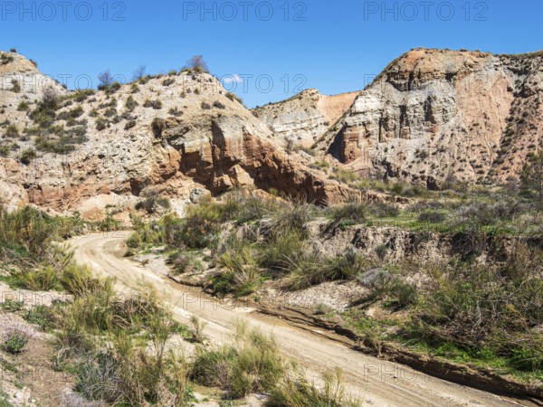 Gravel road, Gorafe desert, colorful canyons, rock formations, Gorafe Desert, UNESCO Granada Geopark, Granada province, Andalusia, Spain