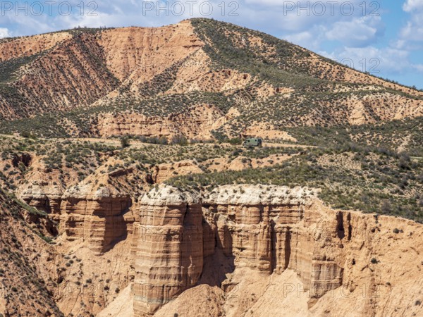 View over the Gorafe desert, colorful canyons, rock formations, Gorafe Desert, UNESCO Granada Geopark, Granada province, Andalusia, Spain