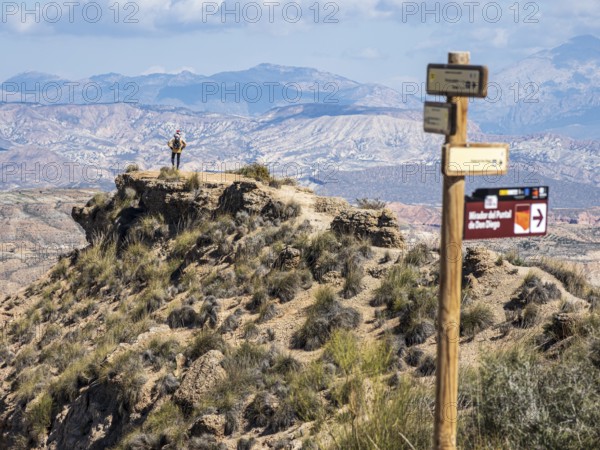 Cyclist looks over the desert, viewpoint, Gorafe Desert, UNESCO Granada Geopark, Granada province, Andalusia, Spain