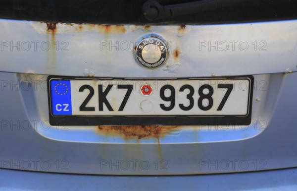 Rusty car with a licence plate from the Czech Republic, Skoda, tailgate, Czech Republic (editorial use only)