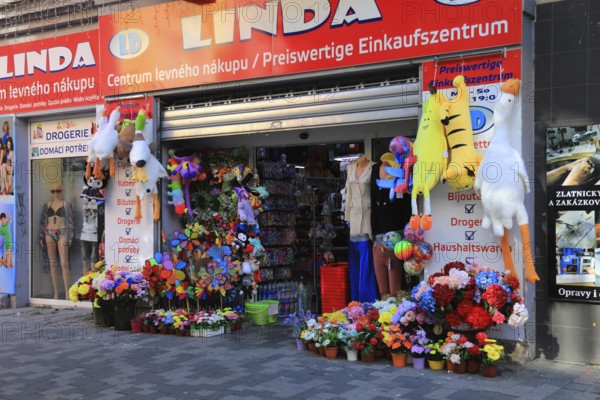 Department stores' in the city centre, bilingual Czech and German, Cheb, Eger, Egerland, Bohemia, Czech Republic, Czech Republic (for editorial use only)