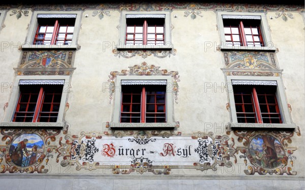 Facade with façade painting in the old town, Bürger-Asyl, Stein am Rhein, Canton Schaffhausen, Switzerland