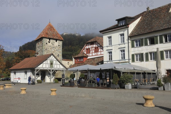 Rhine promenade with Diebesturm or Hexenturm, Stein am Rhein, Canton Schaffhausen, Switzerland