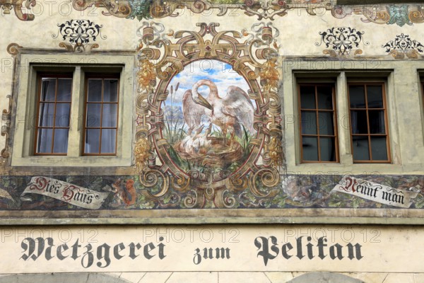 House facade with facade painting in the old town, butcher's shop zum Pelican, Stein am Rhein, Canton Schaffhausen, Switzerland