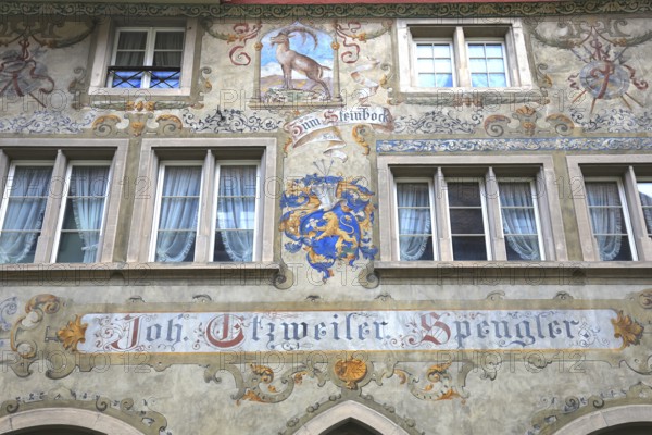 Facade with façade painting in the old town, Zim Steinbock, tinsmith, Stein am Rhein, Canton Schaffhausen, Switzerland