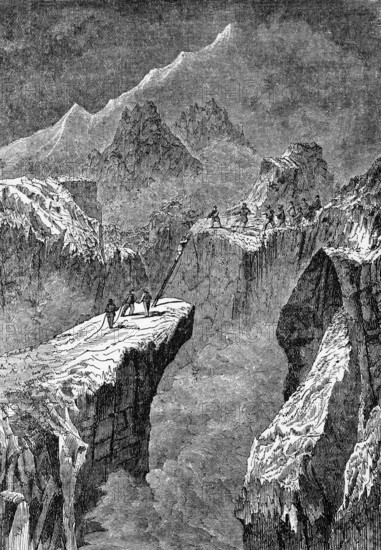 19th century explorers in the Swiss Alps, Switzerland, digital reproduction of a historical model