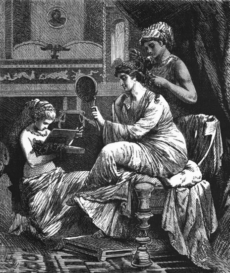 A Roman lady at her toilet with her servants, digital reproduction of a historical model