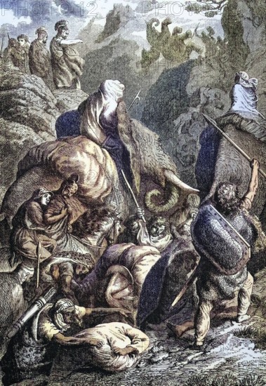 Hannibal crosses the Alps during the Second Punic War, Carthaginian War, which lasted from 218 to 201 BC, digital reproduction of a historical model