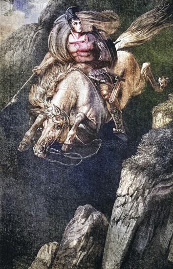 In 362 BC Marcus Curtius, armed with all his weapons and riding his horse, threw himself as a sacrifice into a hole in the Forum, which was immediately filled in again, digital reproduction of a historical model