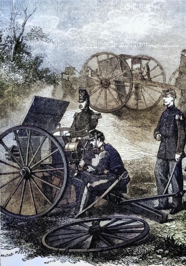 Feldmitrailleuses, a crank-operated machine gun, during the Franco-Prussian War of 1870-1871, digital reproduction of a historical model