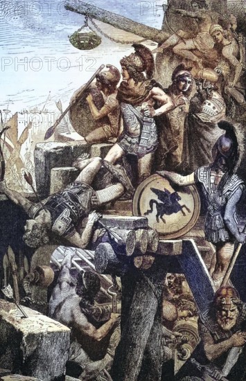 Alexander the Great at the siege of Tyre in 332 BC in the south of present-day Lebanon, digital reproduction of a historical model