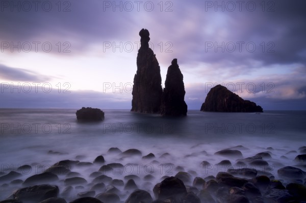 Volcanic rock formation Ilheus da Rib by the cliffs of Ribeira da Janela, Madeira, Portugal