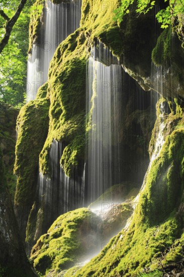 Schleierfälle, waterfalls at Ammer covered in moss, sunlight, Ammergau Alps, Bavaria, Germany