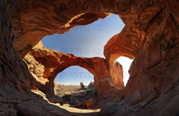 Double Arch, stone arches of red sandstone formed by erosion, Arches-Nationalpark, near Moab, Utah, United States